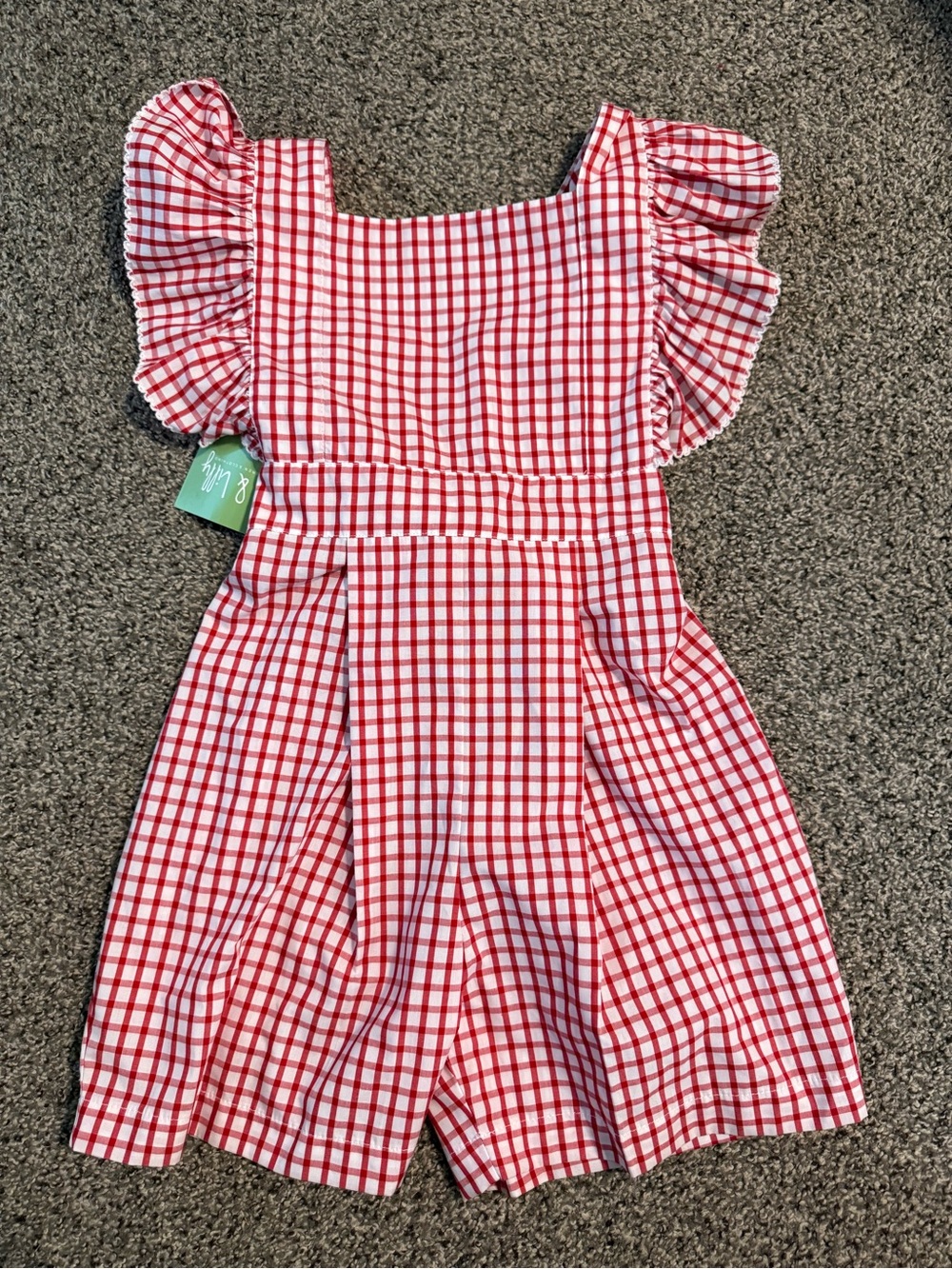 Kids Red and White Gingham Kids One-Piece Romper with Ruffle Sleeves - Picture 1 of 3